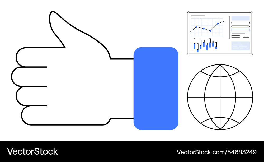 Thumbs up gesture with data chart and globe symbol Thumbs up gesture with data chart and globe symbol vector image