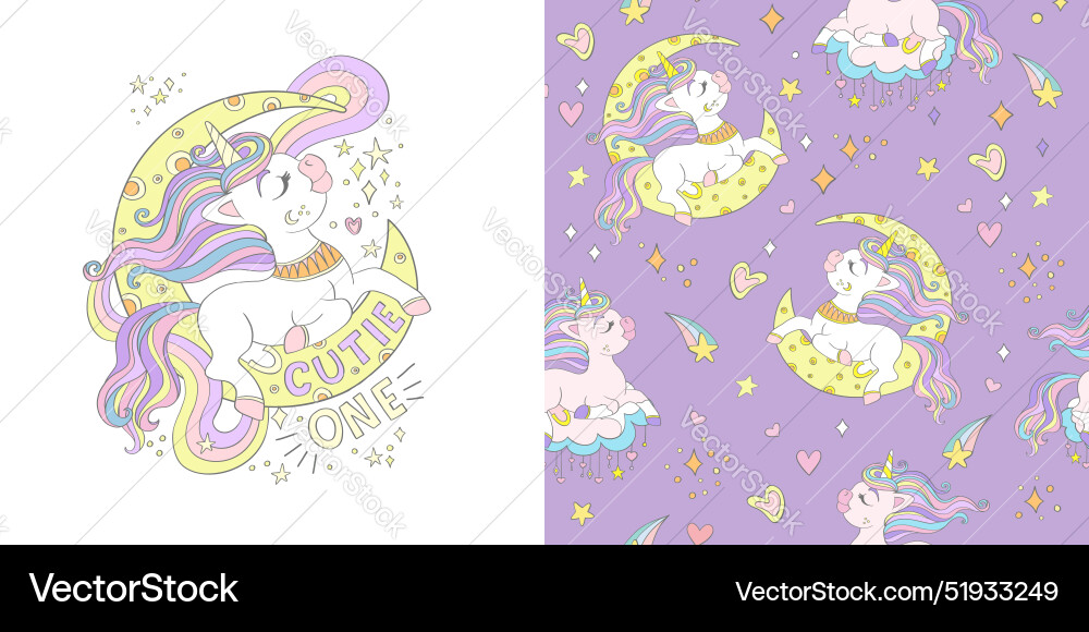 Unicorn on the moon and seamless pattern Unicorn on the moon and seamless pattern vector image