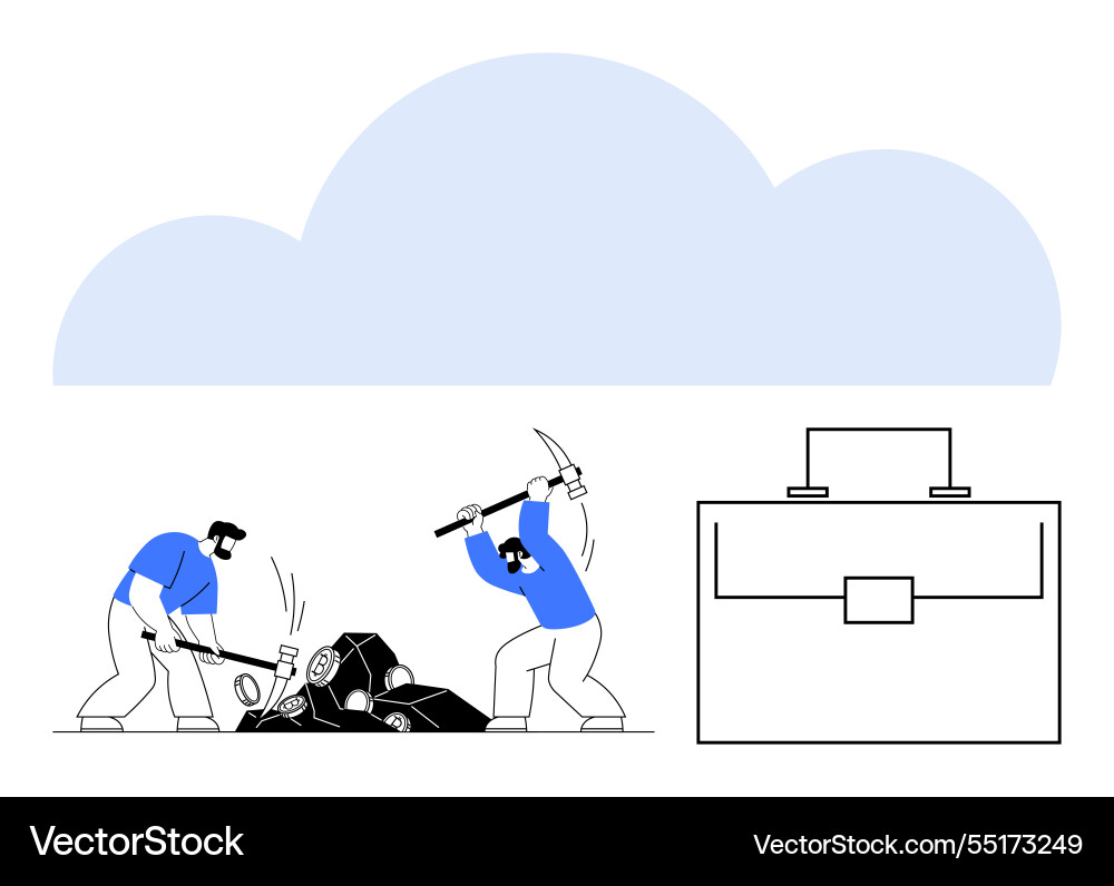 Workers mining data rocks with tools beneath cloud Workers mining data rocks with tools beneath cloud vector image
