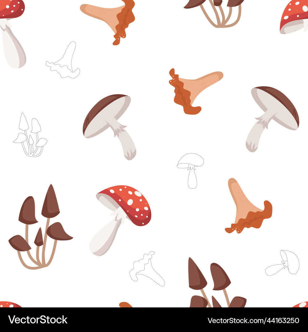 Seamless pattern with different mushrooms isolated vector image