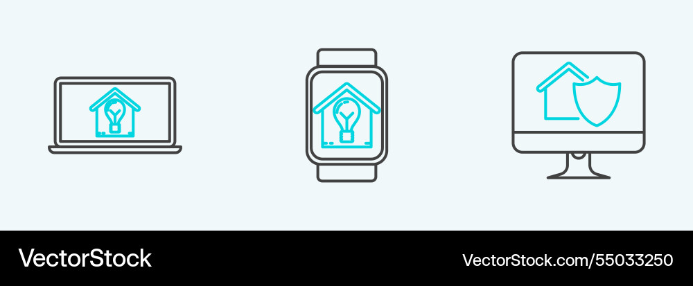 Set line computer monitor with house under Vector Image