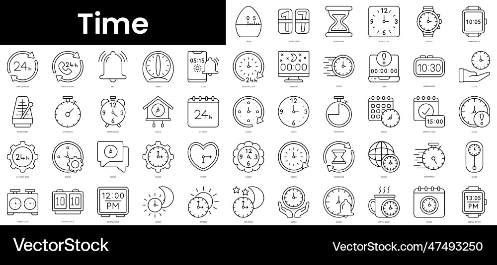 Set of outline time icons minimalist thin linear Set of outline time icons minimalist thin linear vector image