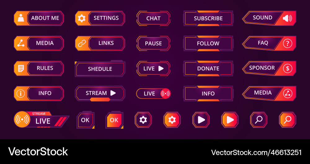 Gamers stream buttons game streaming interface Gamers stream buttons game streaming interface Vector Image
