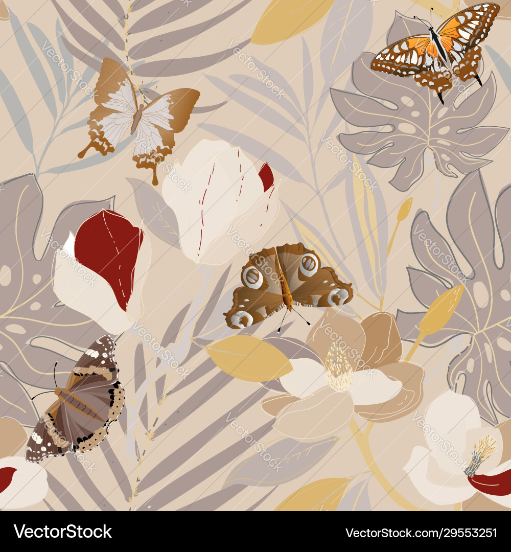 Magnolia Blumen Palmblätter und Schmetterlinge Magnolia Blumen Palmblätter und Schmetterlinge vektorbild