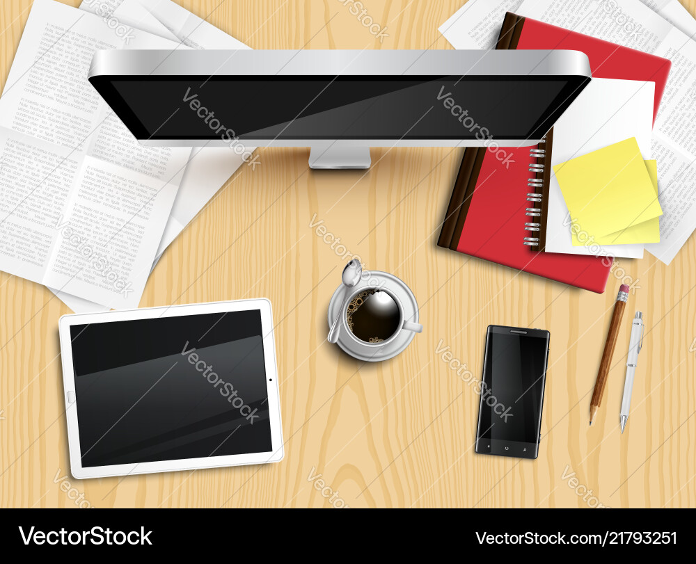 Realistic office desk with different objects Realistic office desk with different objects vector image