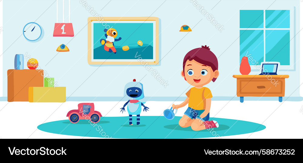 Boy Playing with Robot and Blocks Vector Image