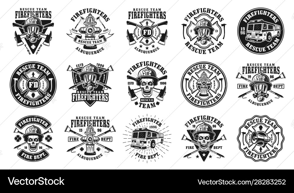 Firefighters big set isolated emblems Royalty Free Vector