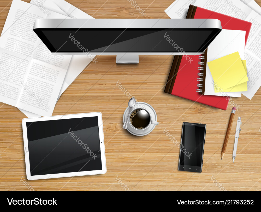 Realistic office desk with different objects Realistic office desk with different objects vector image