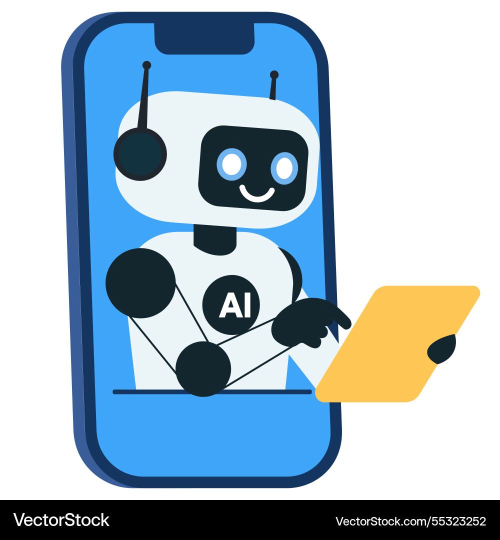 Smiling robot chat bot with yellow tablet Smiling robot chat bot with yellow tablet vector image