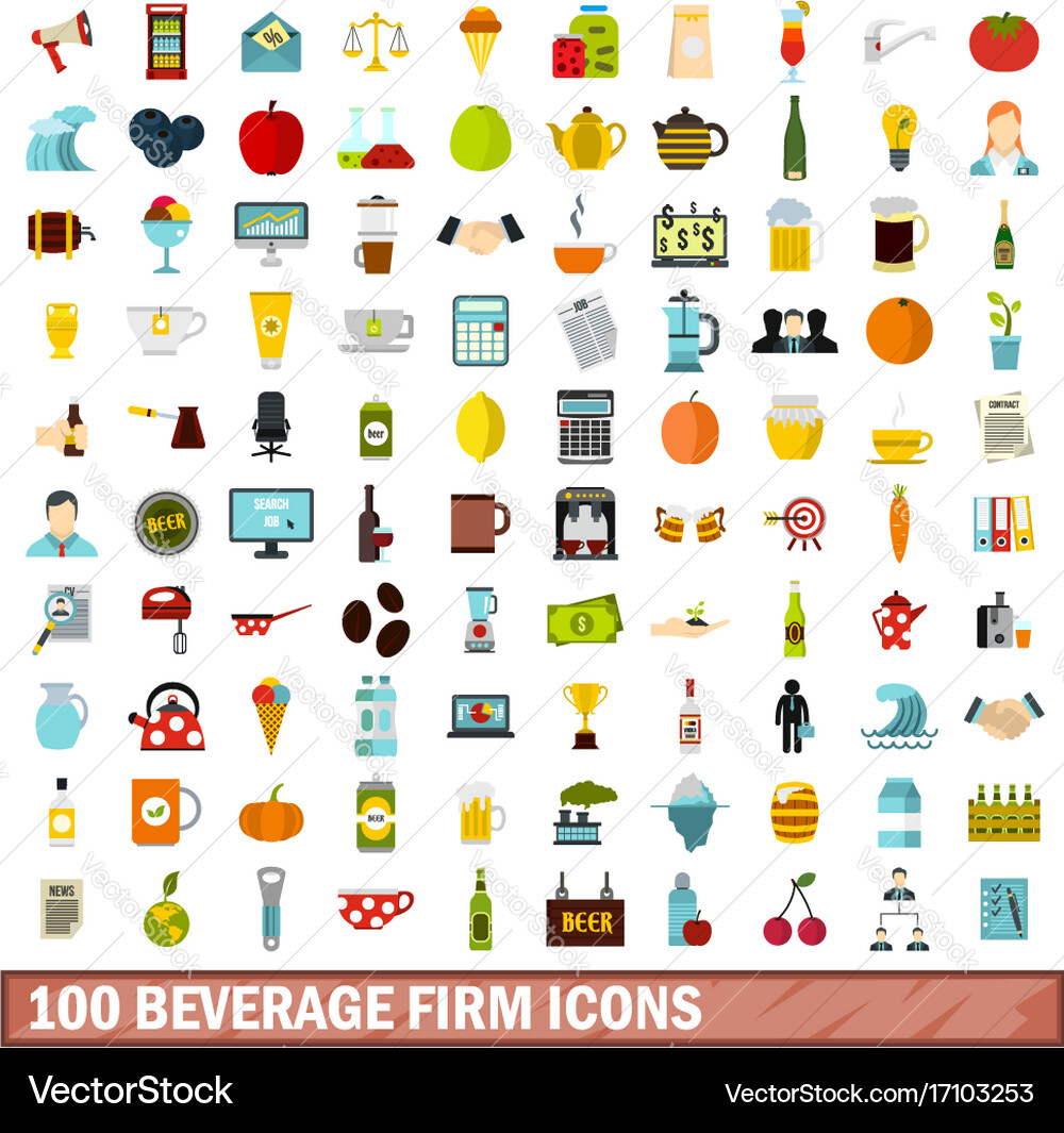 100 beverage firm icons set flat style Vector Image