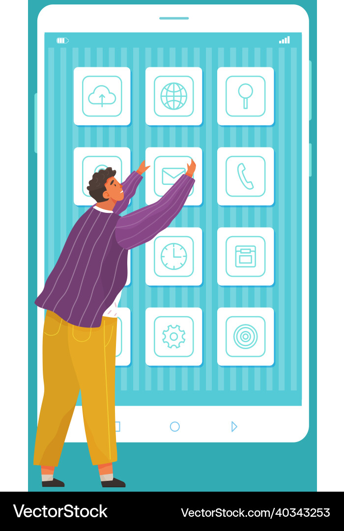 Man interacting with elements on phone display Man interacting with elements on phone display vector image
