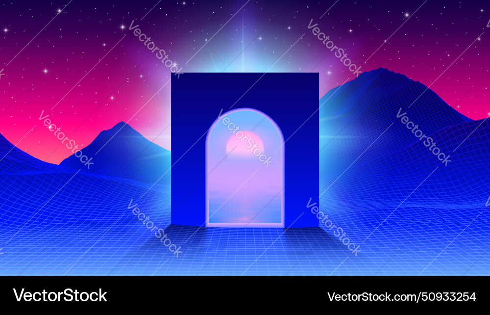 Abstract synthwave scene with arch or gate Abstract synthwave scene with arch or gate vector image