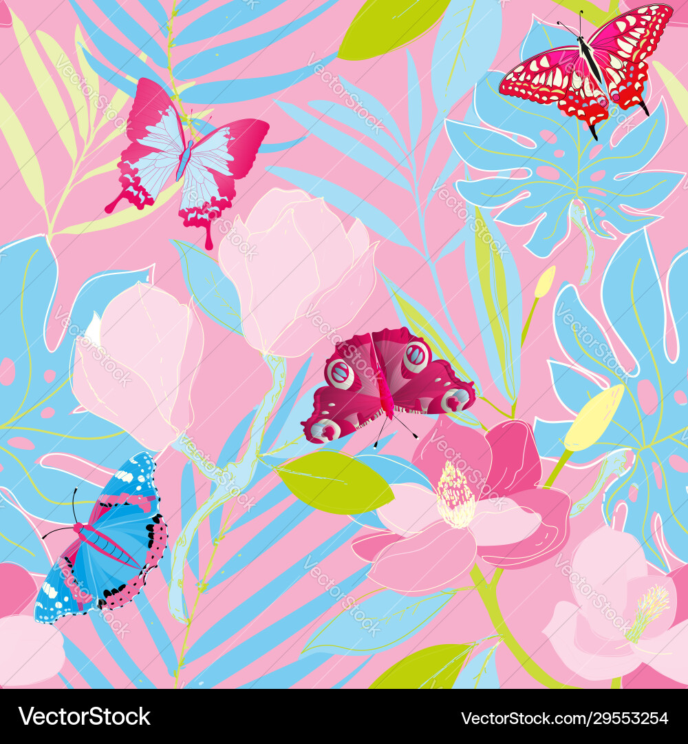 Magnolia flowers palm leaves and butterflies vector image