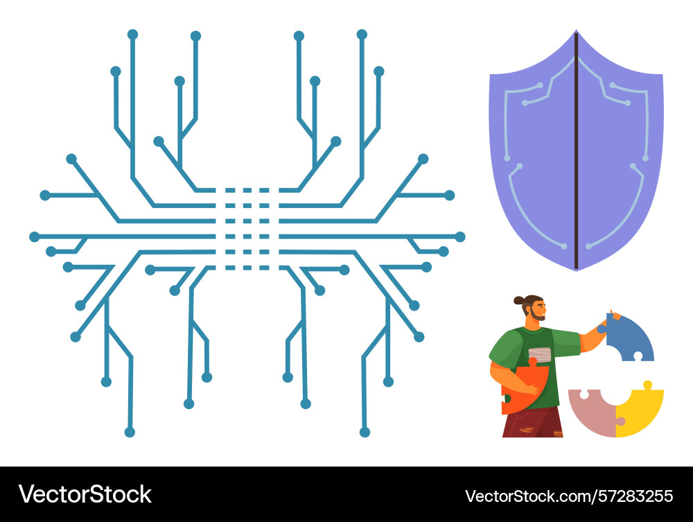 Cybersecurity concept with circuit board shield Cybersecurity concept with circuit board shield vector image