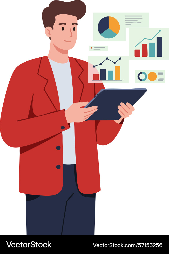 Man analyzing business charts on tablet with red vector image