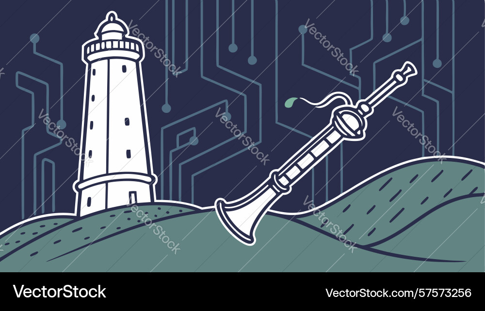 Tech lighthouse with flute digital guidance Vector Image