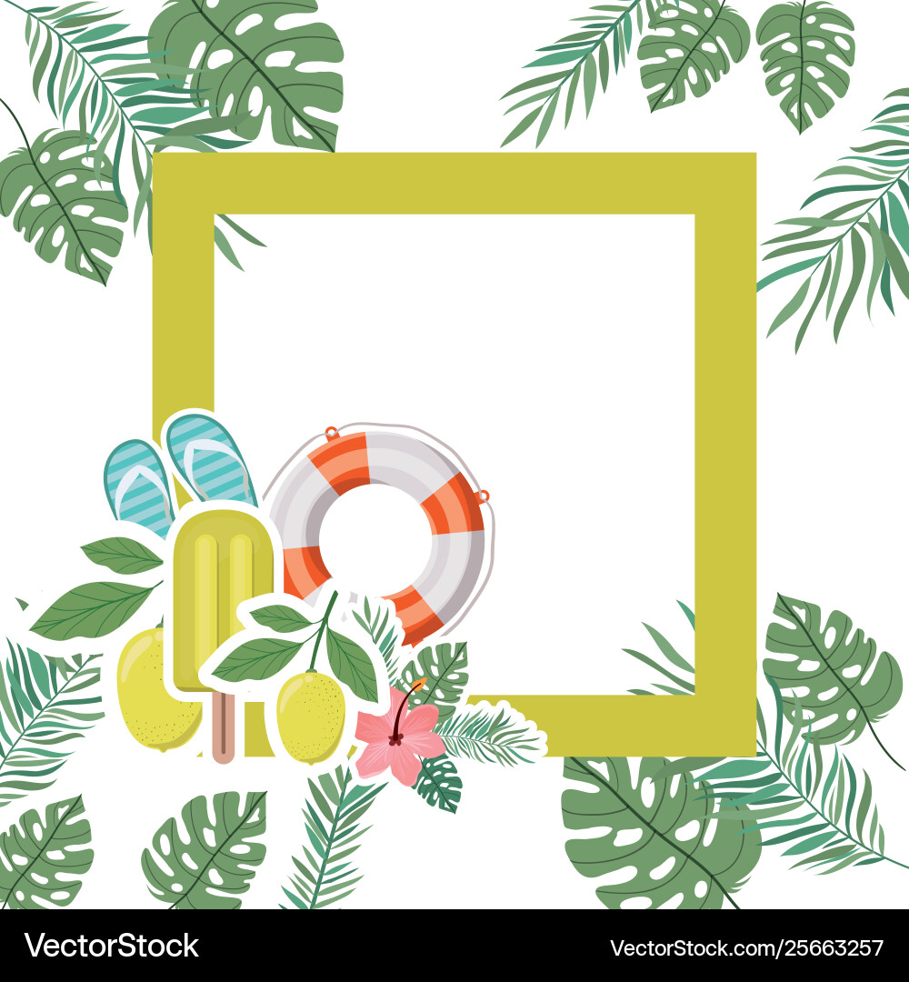 Frame with summer objects in leaves background Frame with summer objects in leaves background vector image