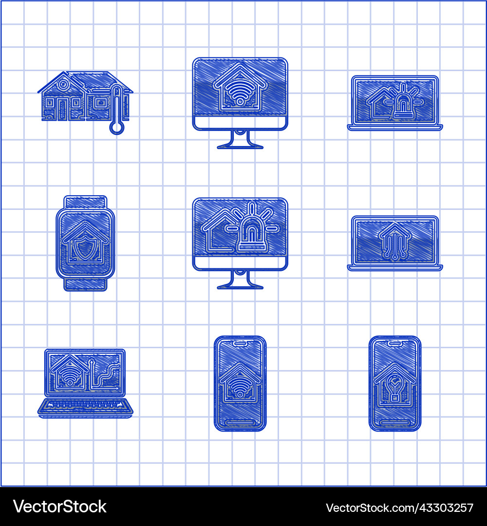 Set computer monitor with smart house and alarm Set computer monitor with smart house and alarm vector image