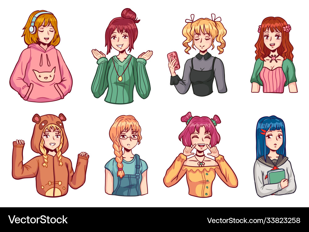 Anime Mädchen Charakter Set vektorbild