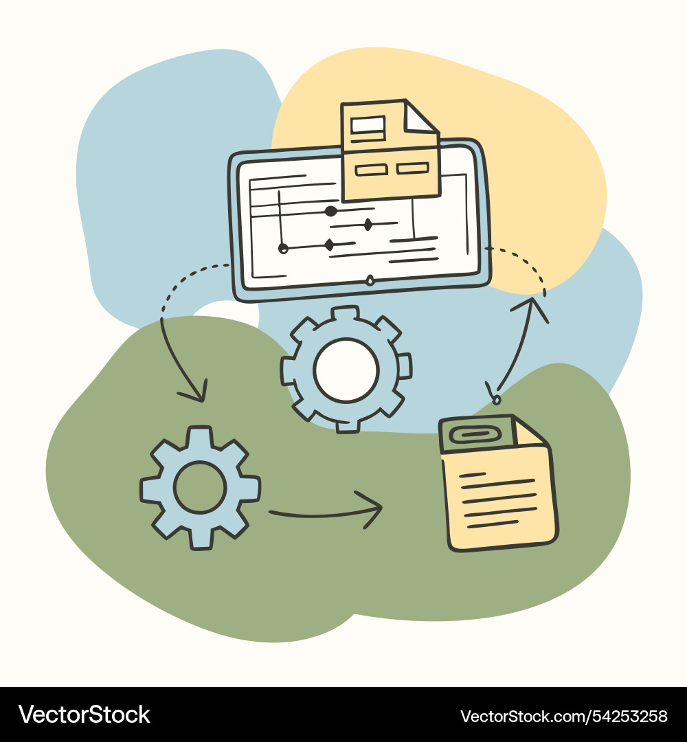Computer surrounded by gears and scattered Computer surrounded by gears and scattered vector image