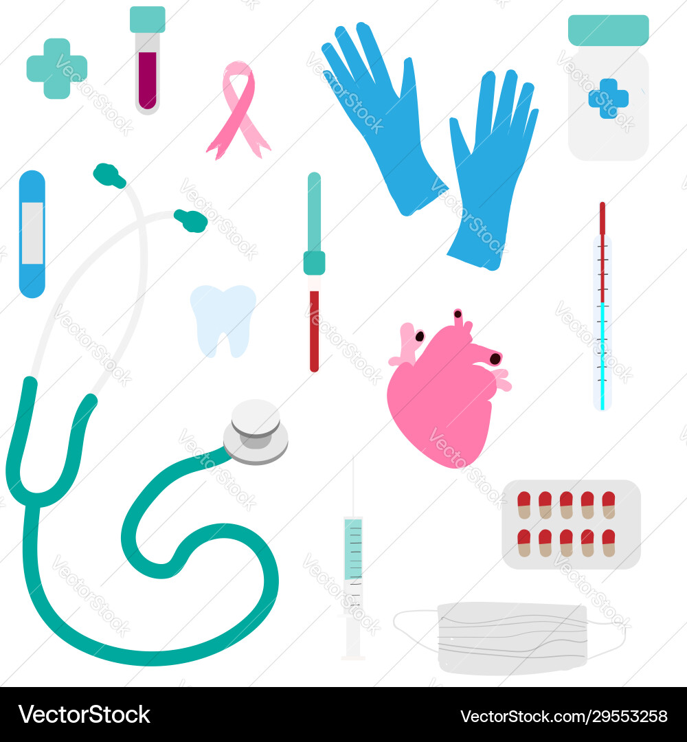 Medicine items tablets stethoscope thermometer Medicine items tablets stethoscope thermometer vector image