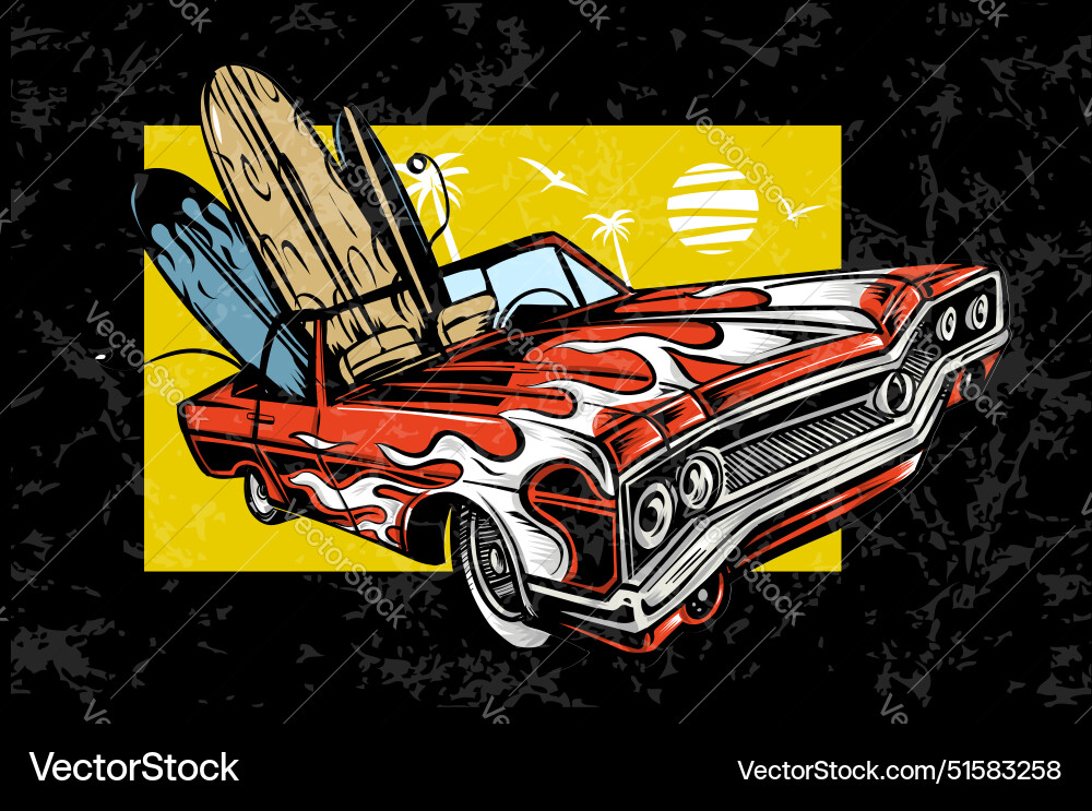 Oldtimer mit Surfboard Palmen und der Sonne Oldtimer mit Surfboard Palmen und der Sonne vektorbild