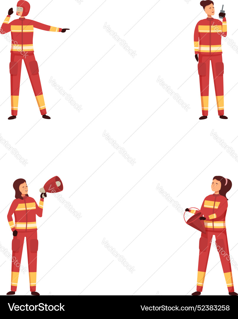 Set of firefighter characters in action Set of firefighter characters in action Vector Image