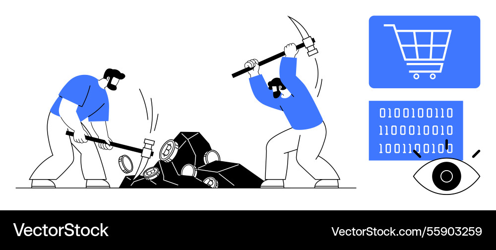 Two workers mining materials with tools alongside Two workers mining materials with tools alongside vector image