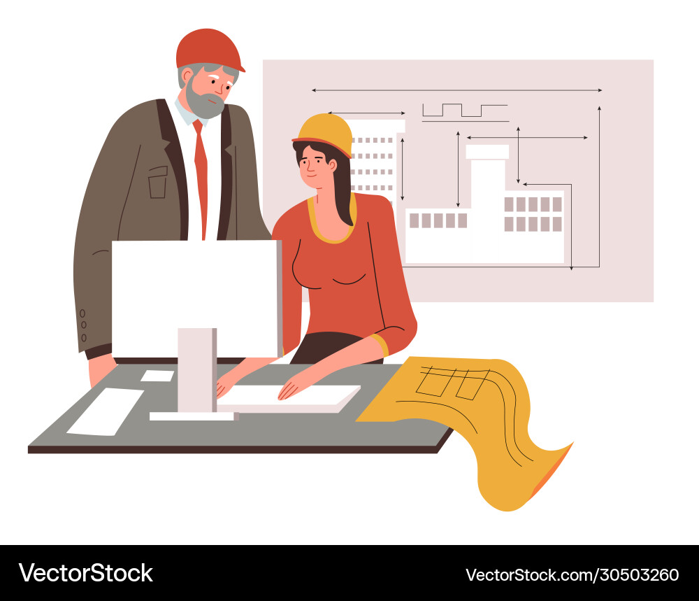 Architects working on architectural projects using Architects working on architectural projects using vector image