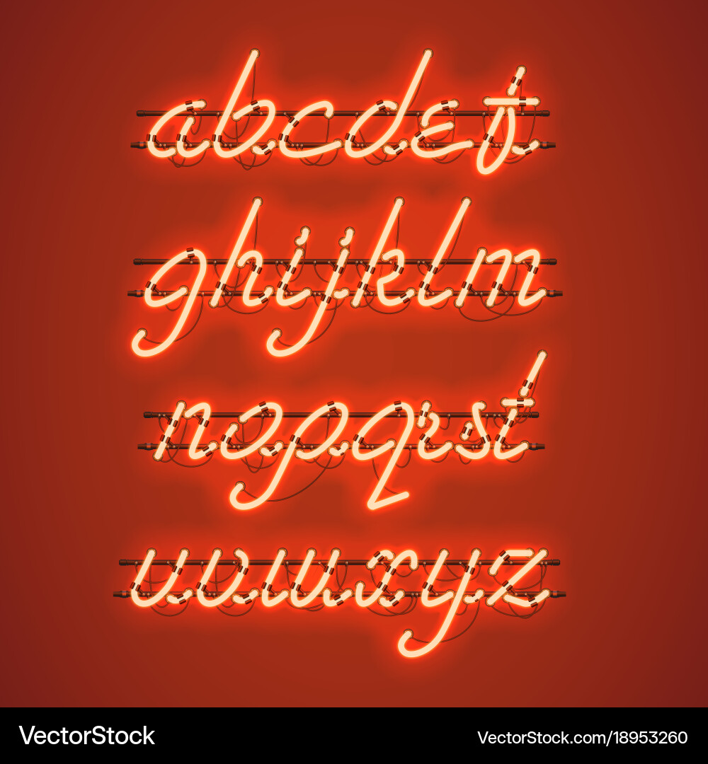 Glowing orange neon lowercase script font vector image