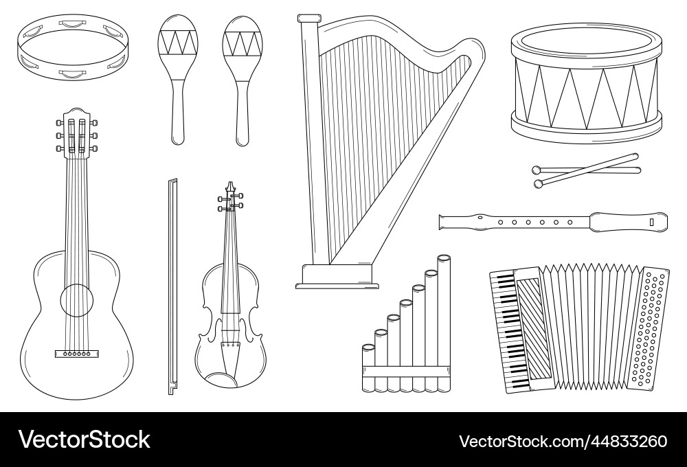 Hand drawn set of musical instruments string Vector Image