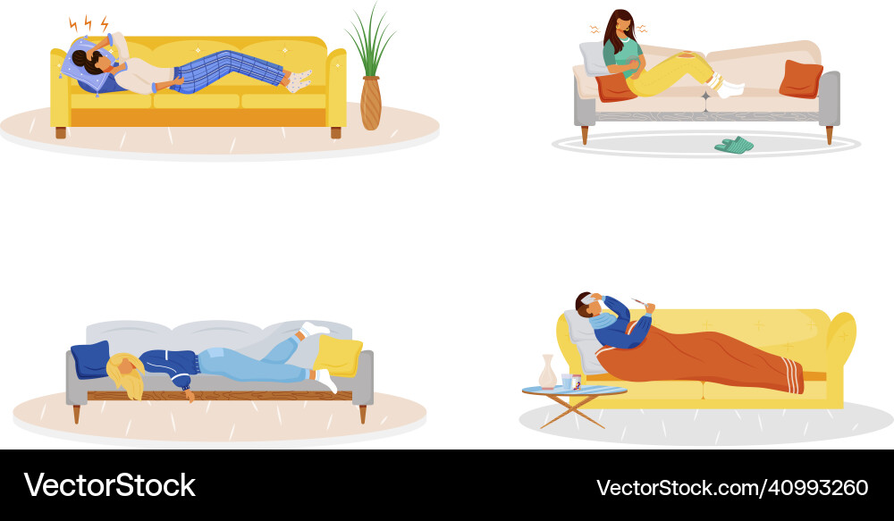 Lying on couch flat color faceless characters set Lying on couch flat color faceless characters set vector image