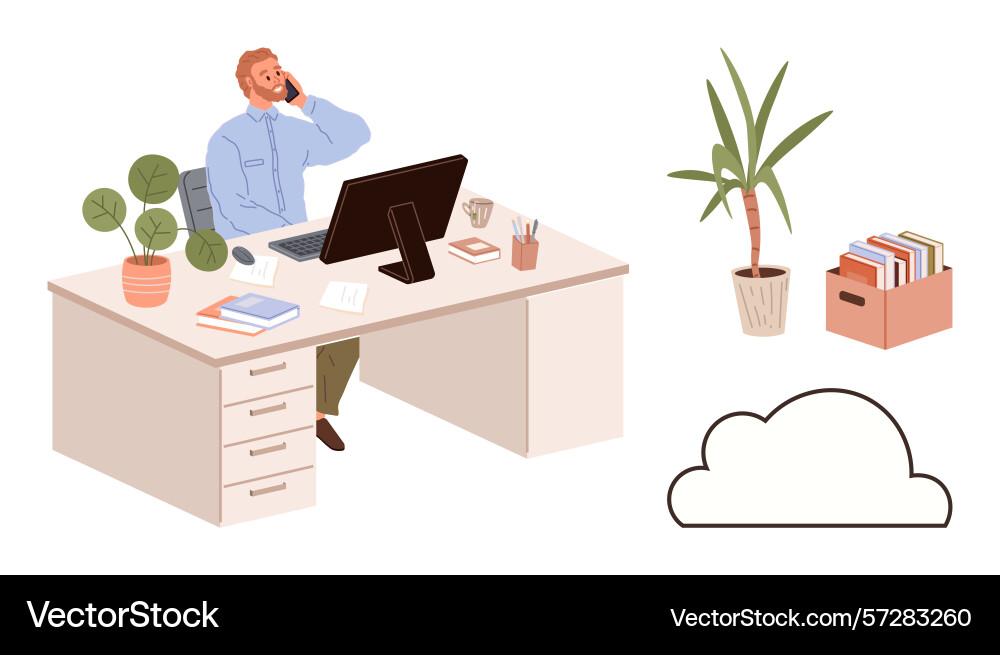 Professional working at desk with computer and vector image
