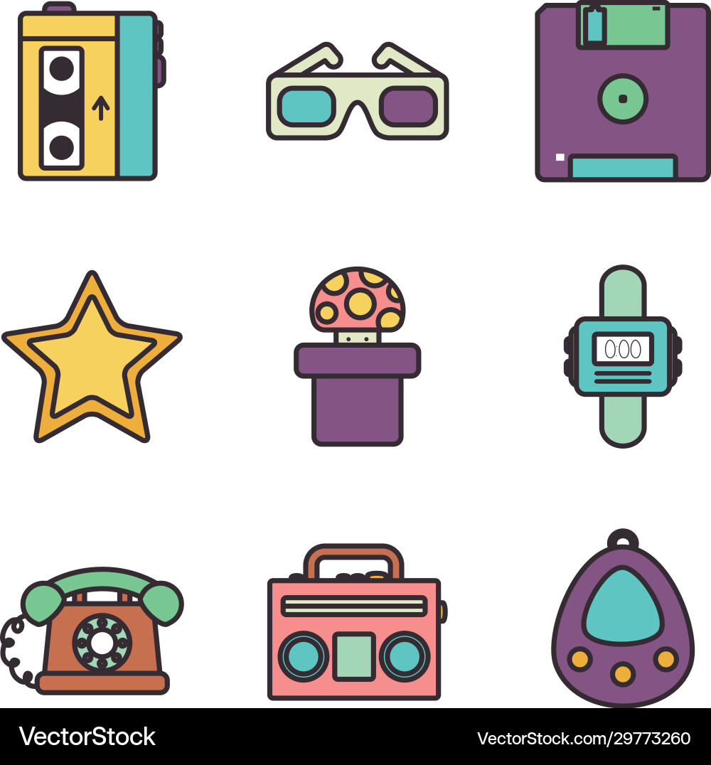Retro line fill style icon set design vector image