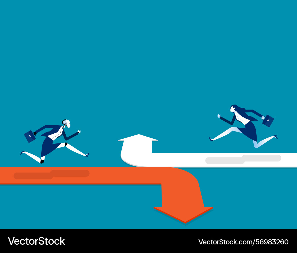 Robot running on the different arrow opposite Robot running on the different arrow opposite vector image