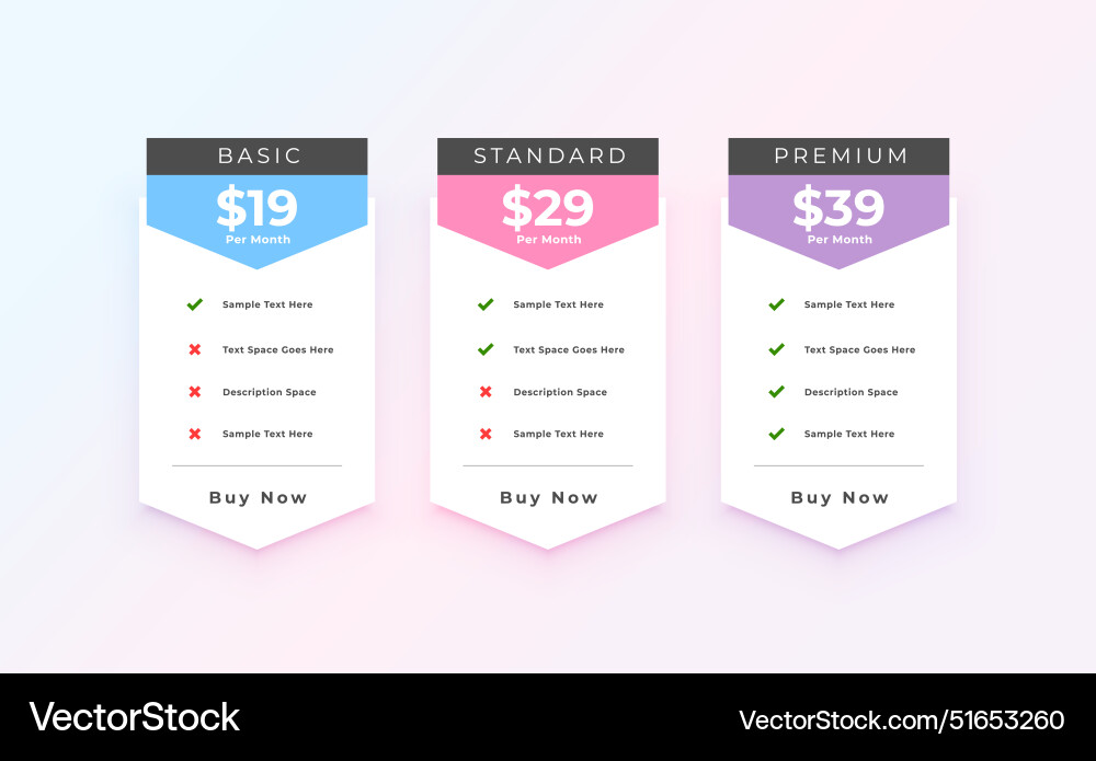Three option pricing table template for uiux app vector image