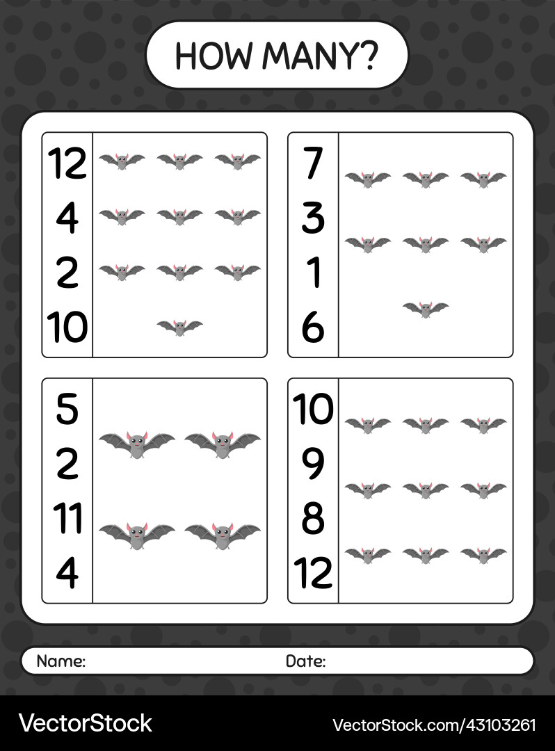 How many counting game with bat worksheet How many counting game with bat worksheet vector image