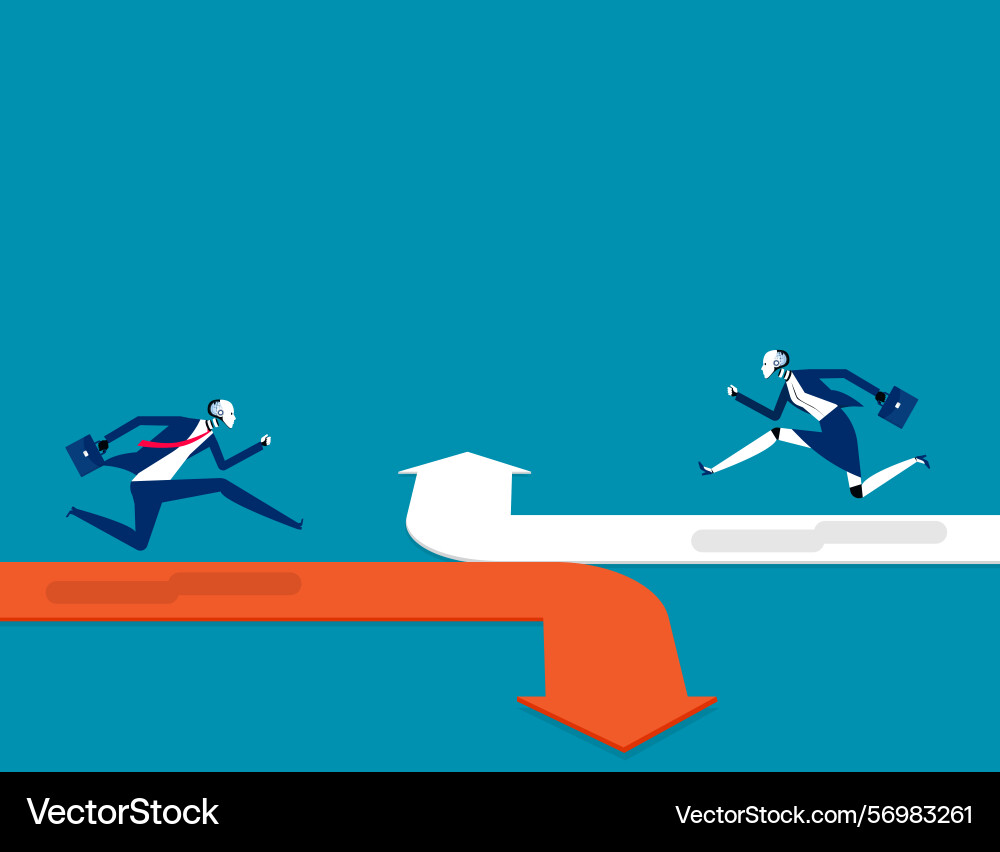 Robot running on the different arrow opposite Robot running on the different arrow opposite vector image