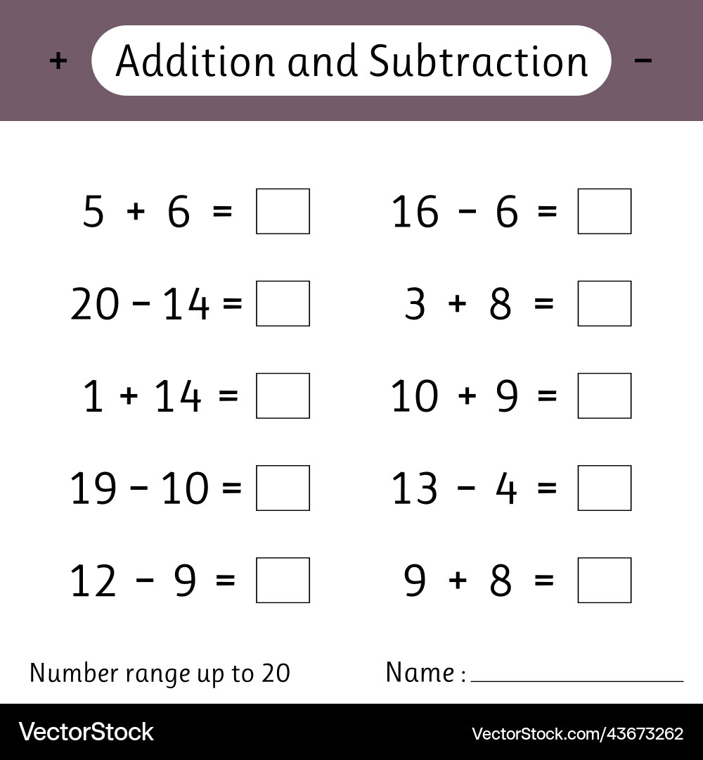 Addition and subtraction number range up to 20 Addition and subtraction number range up to 20 Vector Image
