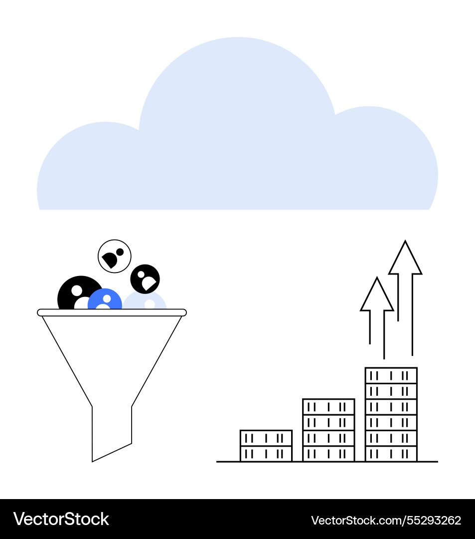 Cloud computing funnel delivering data to stacked Cloud computing funnel delivering data to stacked vector image