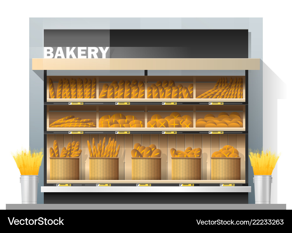 Different kinds of bread display on shelf Different kinds of bread display on shelf Vector Image