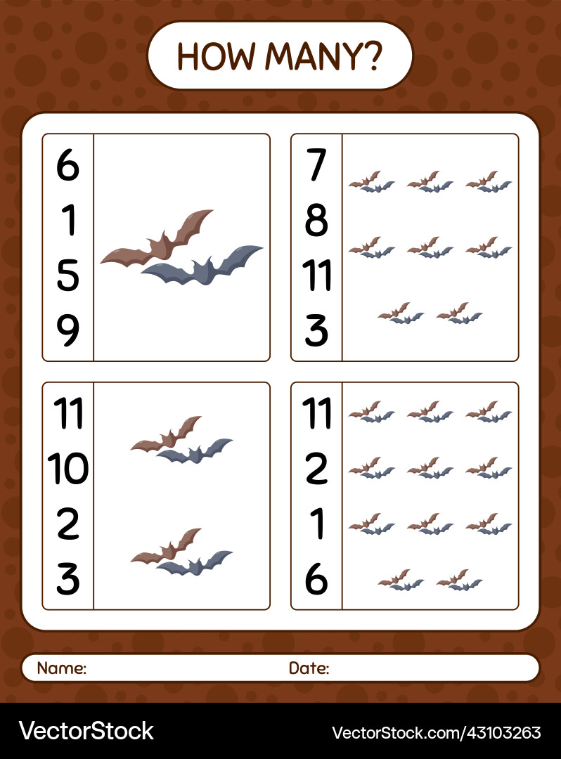 How many counting game with bat worksheet vector image