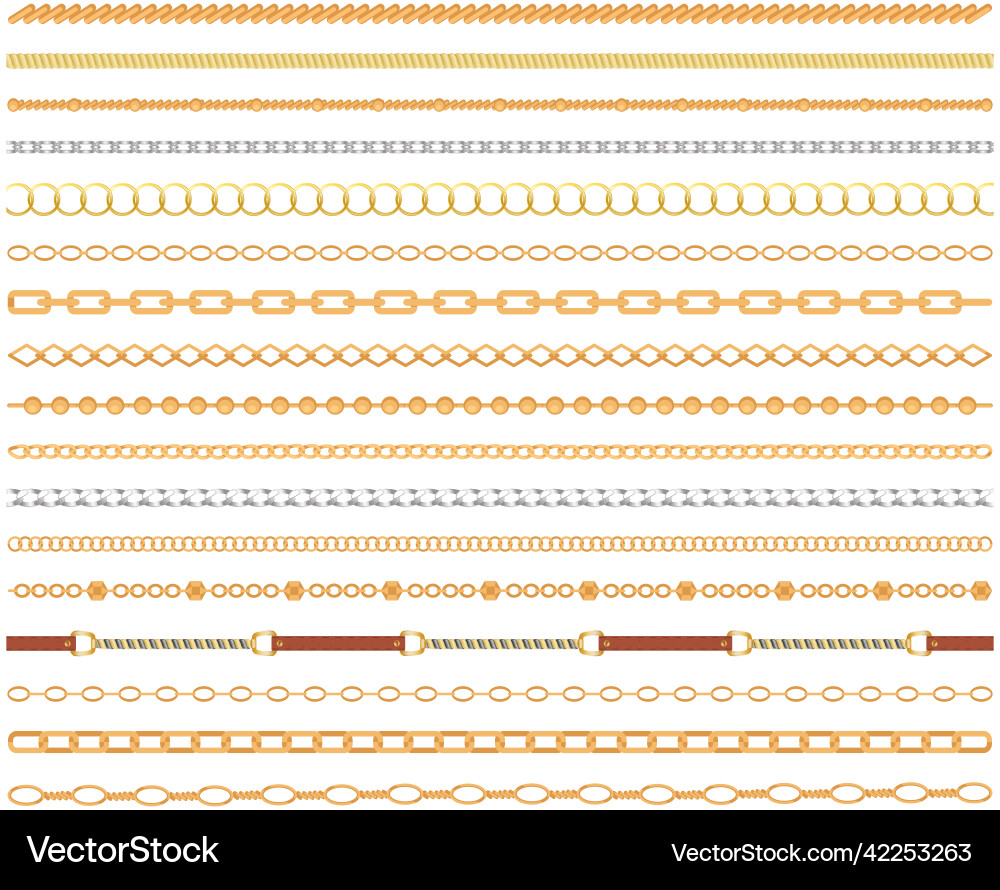 Metal chainlets with variety chain links gold Metal chainlets with variety chain links gold vector image