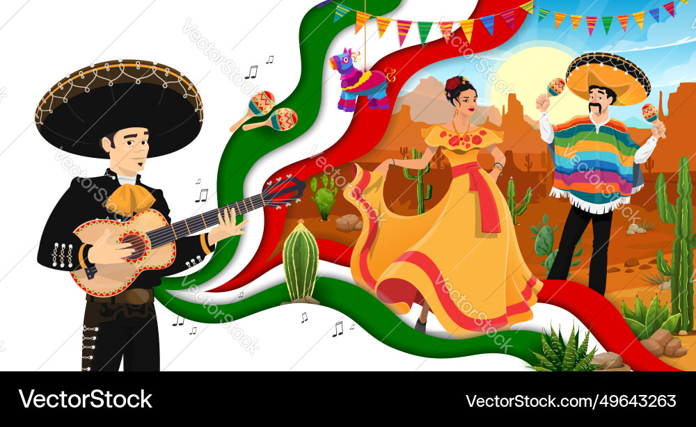 Mexican travel paper cut banner mariachi musician Mexican travel paper cut banner mariachi musician vector image