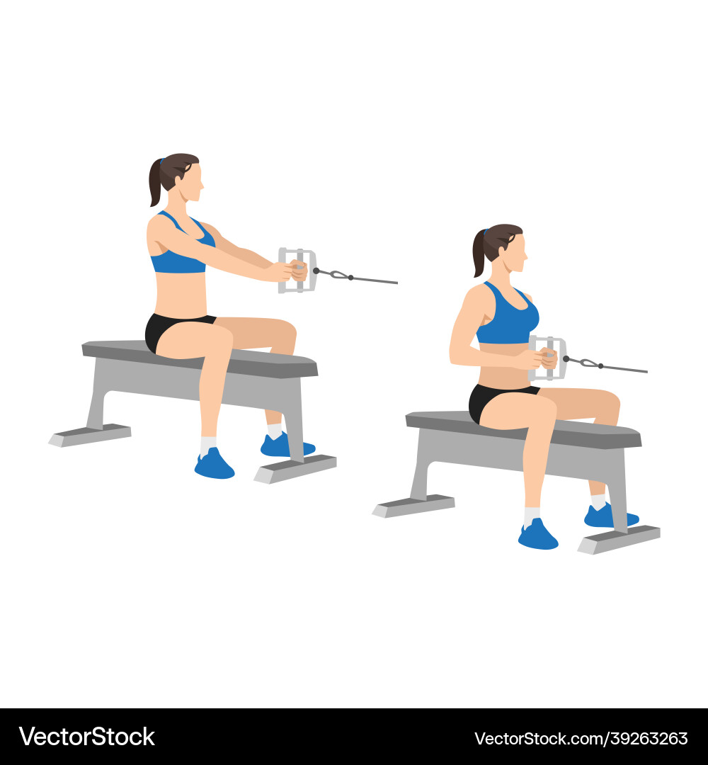 Woman doing seated low cable back rows exercise Woman doing seated low cable back rows exercise vector image