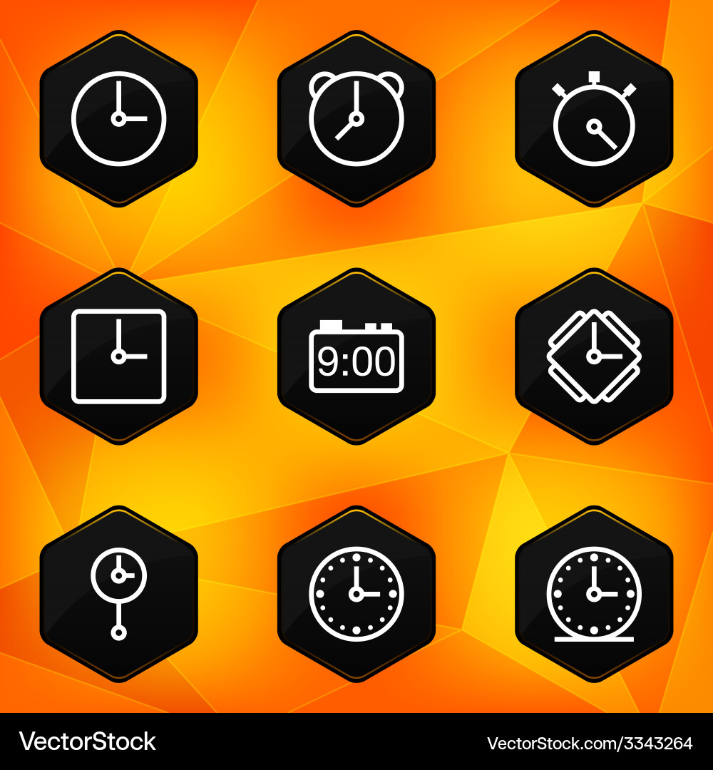 Clock and time hexagonal icons set on abstract Vector Image