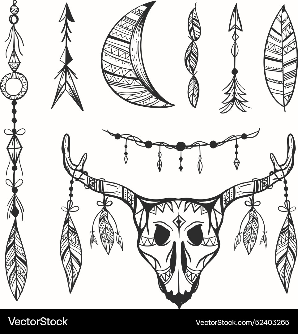 Engraving hand drawn boho elements collection Vector Image