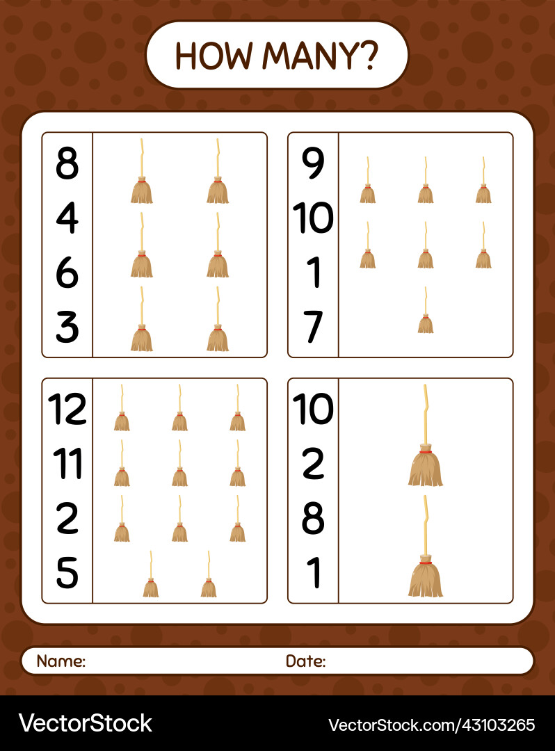 How many counting game with broom worksheet How many counting game with broom worksheet vector image