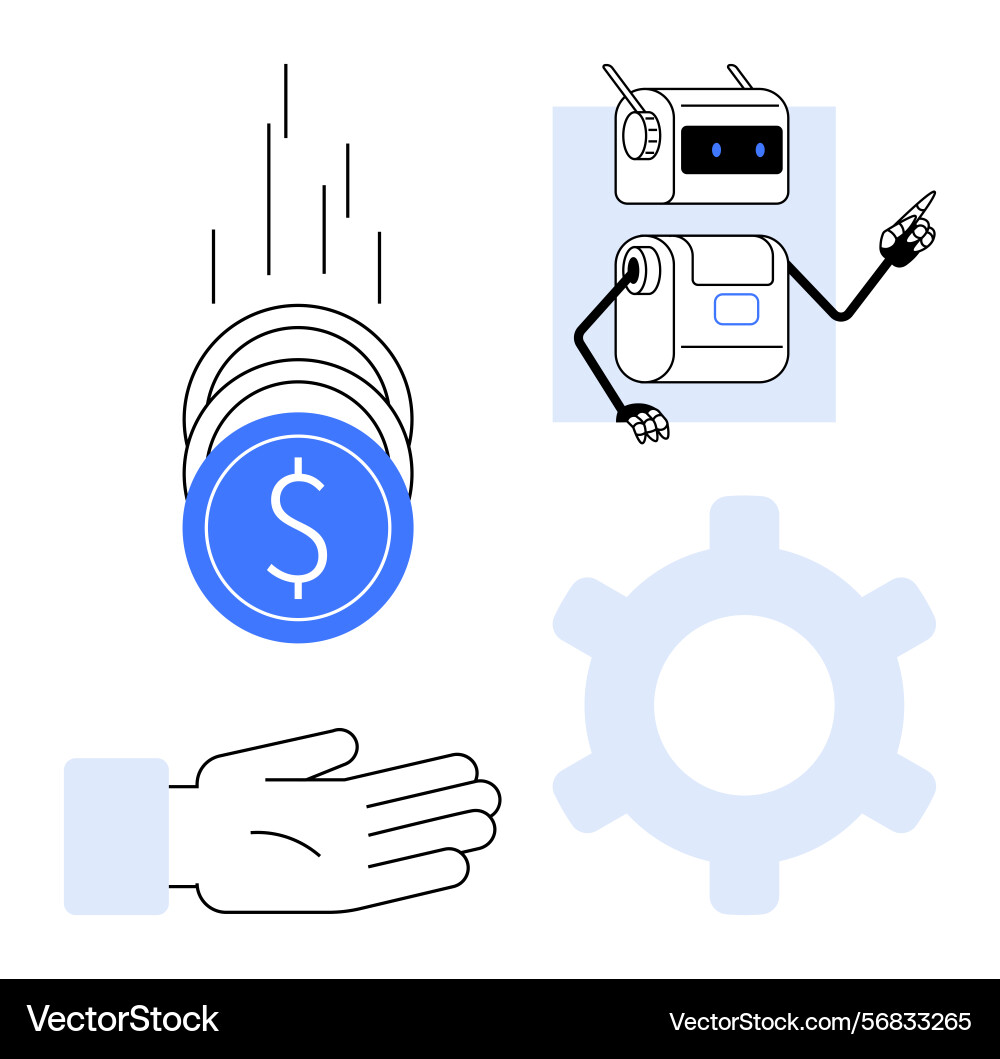 Robot automating financial processes through coin Robot automating financial processes through coin vector image