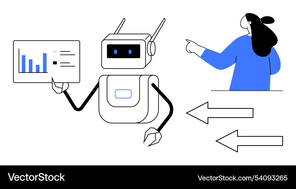 Robot presenting data to person and pointing Vector Image